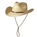 Chapeau de cowboy en paille tissée avec une bande à motifs et un cordon pour l'été. - M (56-58cm) / Ceinture à Rivets-Beige