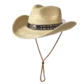 Chapeau de Cowboy en Paille Style Western Chapeau de Soleil de Plage avec Lanière - M (56-58cm) / Rivet Tête de Taureau-Beige