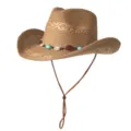 Chapeau de cowboy occidental en paille ethnique avec bande de perles et lanière pour plage. - M (56-58cm) / Perles Bleues Classiques-Khaki