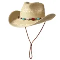 Chapeau de cowboy western en paille bohème pour protection solaire plage et photo de mode - M (56-58cm) / Perles Bleues Classiques-Beige
