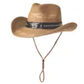 Chapeau de Cowboy Western en Paille Été Plage Protection Solaire Mode Voyage Extérieur - M (56-58cm) / Lacet Tête de Taureau-Khaki