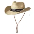 Chapeau de cowboy en paille pour voyage d'été, large bord protection solaire avec jugulaire. - M (56-58cm) / Lacet Tête de Taureau-Beige