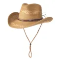 Chapeau de cowboy occidental en paille tressée avec large bord, breloque plume et jugulaire. - M (56-58cm) / Feuille en Métal-Khaki