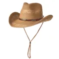 Chapeau de cowboy en paille style western avec large bord et mentonnière pour plage et soleil. - M (56-58cm) / Lettres en Métal-Khaki