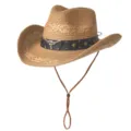 Chapeau de cowboy en paille avec bande tête de taureau et jugulaire, variante chapeau de plage. - M (56-58cm) / Ceinture Rivet Métal Tête de Taureau-Khaki