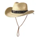 Chapeau de cowboy en paille style western avec décor de taureau et mentonnière - M (56-58cm) / Ceinture Rivet Métal Tête de Taureau-Beige