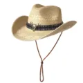 Chapeau de cowboy western en paille ethnique avec bande tissée et crâne de taureau pour été - M (56-58cm) / Tête de Taureau Ethnique-Beige