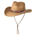 Chapeau de cowboy en paille style western avec bande en cuir, large bord et jugulaire de protection. - M (56-58cm) / Badge Flèche-Khaki
