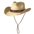Chapeau de cowboy occidental tissé en paille style ethnique pour voyage d'été, large bord anti-UV. - M (56-58cm) / Badge Flèche-Beige
