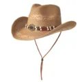 Chapeau de cowboy occidental en paille avec perles décoratives et mentonnière, idéal pour l'été. - M (56-58cm) / Perles de Disque-Khaki