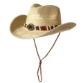 Chapeau de Cowboy en Paille Ethnique avec Bande de Perles Plage Ete Soleil Variante - M (56-58cm) / Perles de Disque-Beige