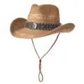 Chapeau de cowboy en paille pour femme homme, grand bord été plage chapeau de soleil avec mentonnière - M (56-58cm) / Bobine Tête de Taureau-Khaki