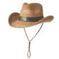 Chapeau de cowboy en paille avec boucle tête de taureau et mentonnière d'été. - M (56-58cm) / Rivet Couture Tête de Taureau-Khaki
