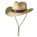 Chapeau de cowboy occidental en paille tissée avec bande en cuir noir et boucle taureau, plage. - M (56-58cm) / Rivet Couture Tête de Taureau-Beige