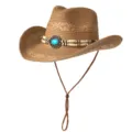 Chapeau de Cowboy Western en Paille avec Bande de Perles Turquoise pour Plage Eté - M (56-58cm) / Perles Turquoise-Khaki