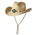 Chapeau cowboy western en paille ethnique avec bande de perles turquoise, idéal plage été. - M (56-58cm) / Perles Turquoise-Beige
