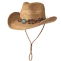 Chapeau de cowboy occidental en paille ethnique avec bande de perles et bord anti-soleil. - M (56-58cm) / Double Rangée de Perles-Khaki