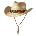 Chapeau de Cowboy Western en Paille avec Bande de Perles Chapeau de Soleil de Plage d'Été - M (56-58cm) / Double Rangée de Perles-Beige