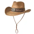 Chapeau de cowboy occidental en paille marron avec bande en cuir pour plage voyage ete - M (56-58cm) / Brodé Vintage-Khaki