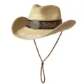 Chapeau de cowboy occidental en paille avec bande marron, boucle métallique et jugulaire. - M (56-58cm) / Brodé Vintage-Beige