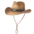 Chapeau de cowboy occidental en paille style ethnique, large bord, bande turquoise et mentonnière. - M (56-58cm) / Disque à Rivets-Khaki