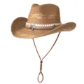 Chapeau de cowboy en paille tissée pour plage d'été, chapeau de soleil western élégant. - M (56-58cm) / Pentagramme Vintage-Khaki