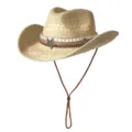 Chapeau de cowboy en paille ethnique à large bord, bande tressée et décor d'étoile pour plage. - M (56-58cm) / Pentagramme Vintage-Beige