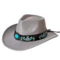 Chapeau de Cowboy Western Gris avec Boucle Turquoise et Broderie, Chapeau Feutre - M (56-58cm) / Gris