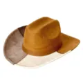 Detailed view of the stylish colorblocked faux suede western cowboy hat with vintage stitching design. - Brown / M (56-58cm)