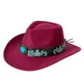 Chapeau de cowboy occidental en laine bourgogne broderie turquoise élégant chapeau rétro - M (56-58cm) / Bordeaux