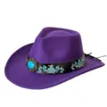 Chapeau de cowboy western violet avec broderie turquoise et bande en cuir style vintage mode. - M (56-58cm) / Violet