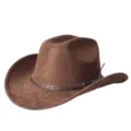 Primo piano cappello cowboy western camoscio marrone, tesa larga, nastro in pelle intrecciata. - M（56-58cm） / Caffè