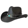 Black straw western cowboy hat detail featuring a stylish leather band with turquoise buckle. - M (56-58cm) / Black