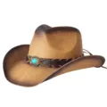 Close-up of the western straw cowboy hat detail with turquoise stone and leather band. - M (56-58cm) / Khaki