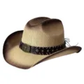 Vue détaillée du chapeau de cowboy western tissé dégradé vintage avec bande en cuir et boucle. - M (56-58cm) / Beige