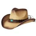 Close-up of the woven straw cowboy hat with burnt gradient, leather band, and turquoise stone. - M (56-58cm) / Beige