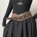 Western style wide studded leather belt for women, heavy design waist cincher fashion accessory. - Coffee