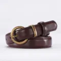 Classic dark brown women's leather belt with vintage round pin buckle for versatile styling. - 90 / Coffee With Gold Buckle