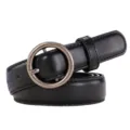 Black leather belt with round antique silver buckle, casual retro waist belt for women - 115 / Black Round Buckle
