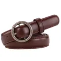 Women brown leather belt with vintage round pin buckle, stylish slim casual waist belt accessory. - 105 / Brown Round Buckle