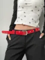 Women red patent leather belt with sparkling rhinestones and heart cutouts fashion accessory - Red