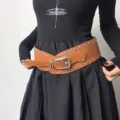 Womens wide rivet leather belt, brown western style waist cincher variant for fashion outfits. - Brown