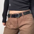 Women's black hollow leather belt, casual vintage pin buckle waist belt for jeans. - 95cm / Black