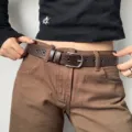 Dark brown hollow-out leather belt with silver pin buckle, casual fashion waist belt for jeans. - 95cm / Coffee