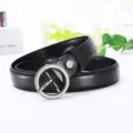 Black women's casual leather belt with vintage round metal buckle for dresses and pants. - 90cm / Black