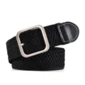 Black woven elastic belt for women with square metal buckle and leather tip casual wear - 100cm / Square Buckle