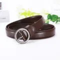 Women casual dark brown leather belt with round metal buckle for everyday fashion style. - 90cm / Coffee
