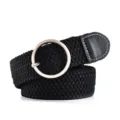 Black woven elastic belt with a round silver buckle and leather end tab for women. - 100cm / Round Buckle