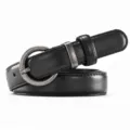 Minimalist women's black leather belt with round silver buckle, casual 2.4cm wide waist accessory. - Black Silver Clasp