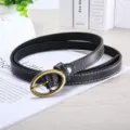 Women's slim black leather belt with vintage oval gold pin buckle for jeans casual style - 105cm / Black
